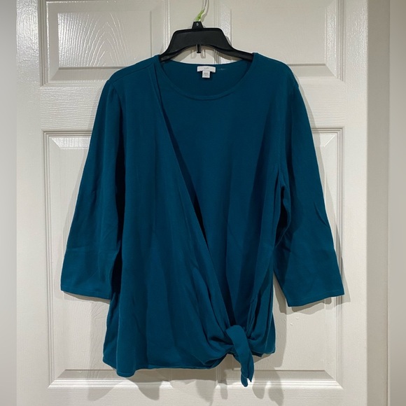 J. Jill Sweater Top XL Teal Cotton Blend Knit 3/4 Sleeve Round Neck Knot Tie - Picture 2 of 9